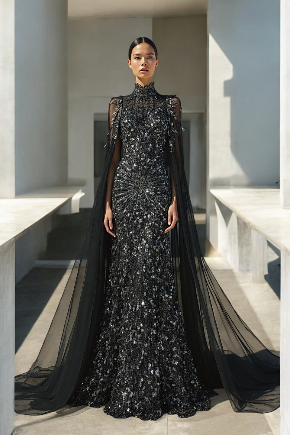 Draping Illusion Sleeve Gown