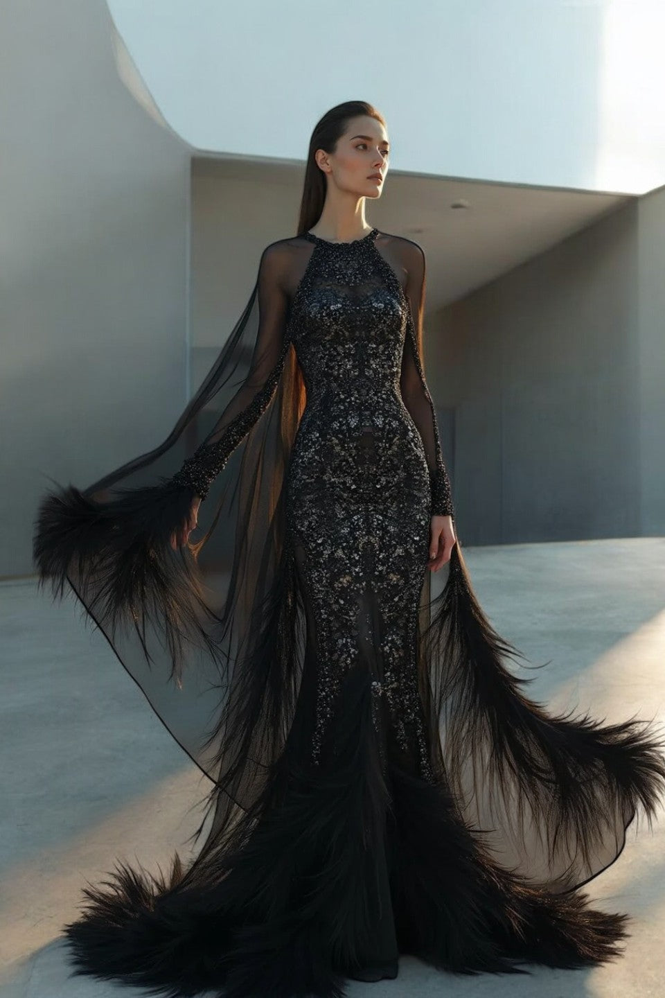 Illusion Cape Feather Gown