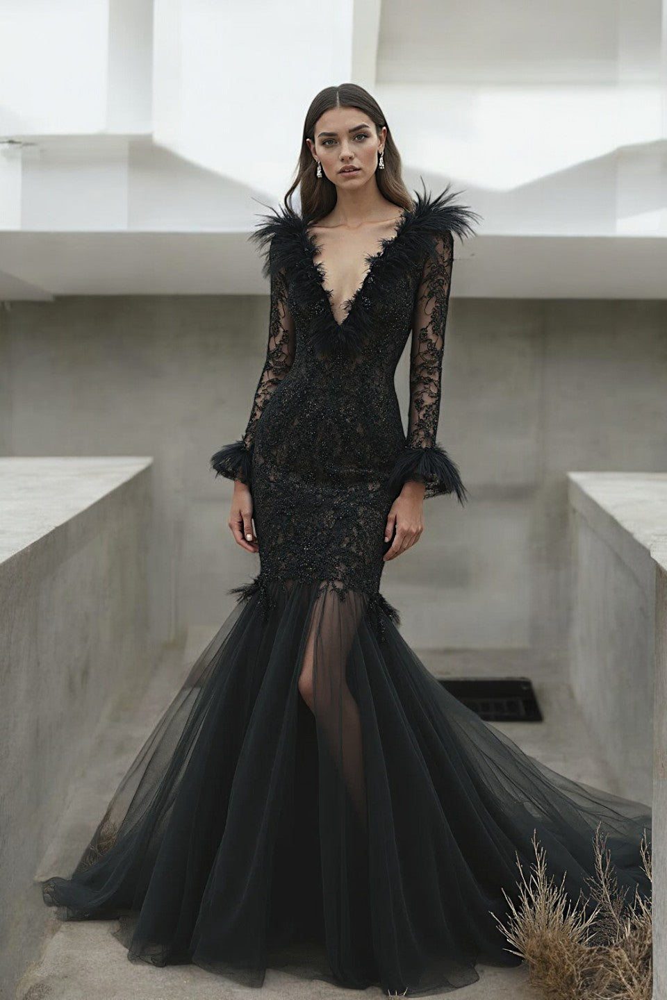 Lace Sleeve V-Neck Gown