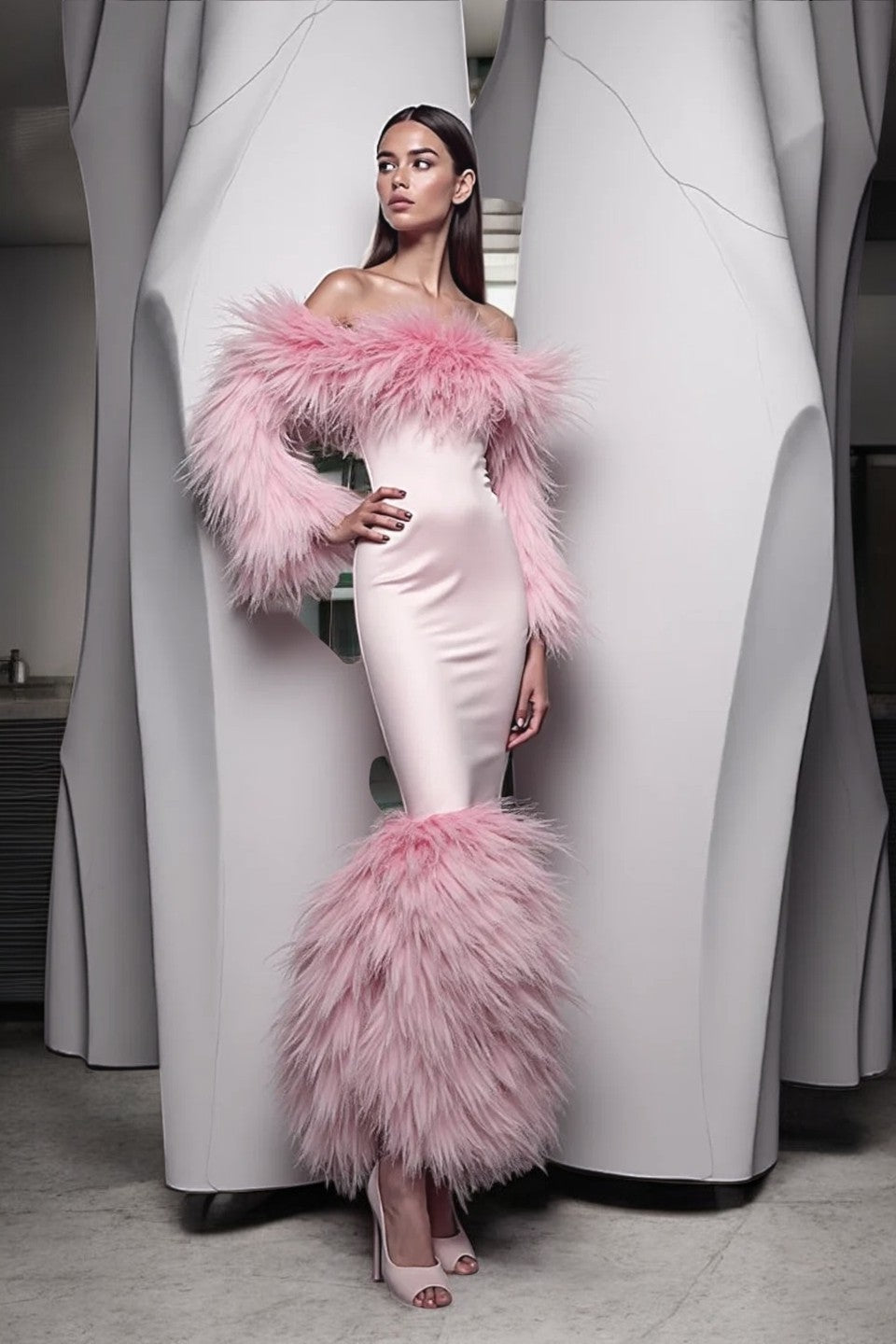 Off Shoulder Feathered Dress