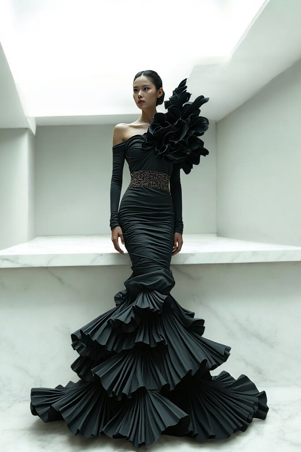 Dramatic Shoulder Layered Gown