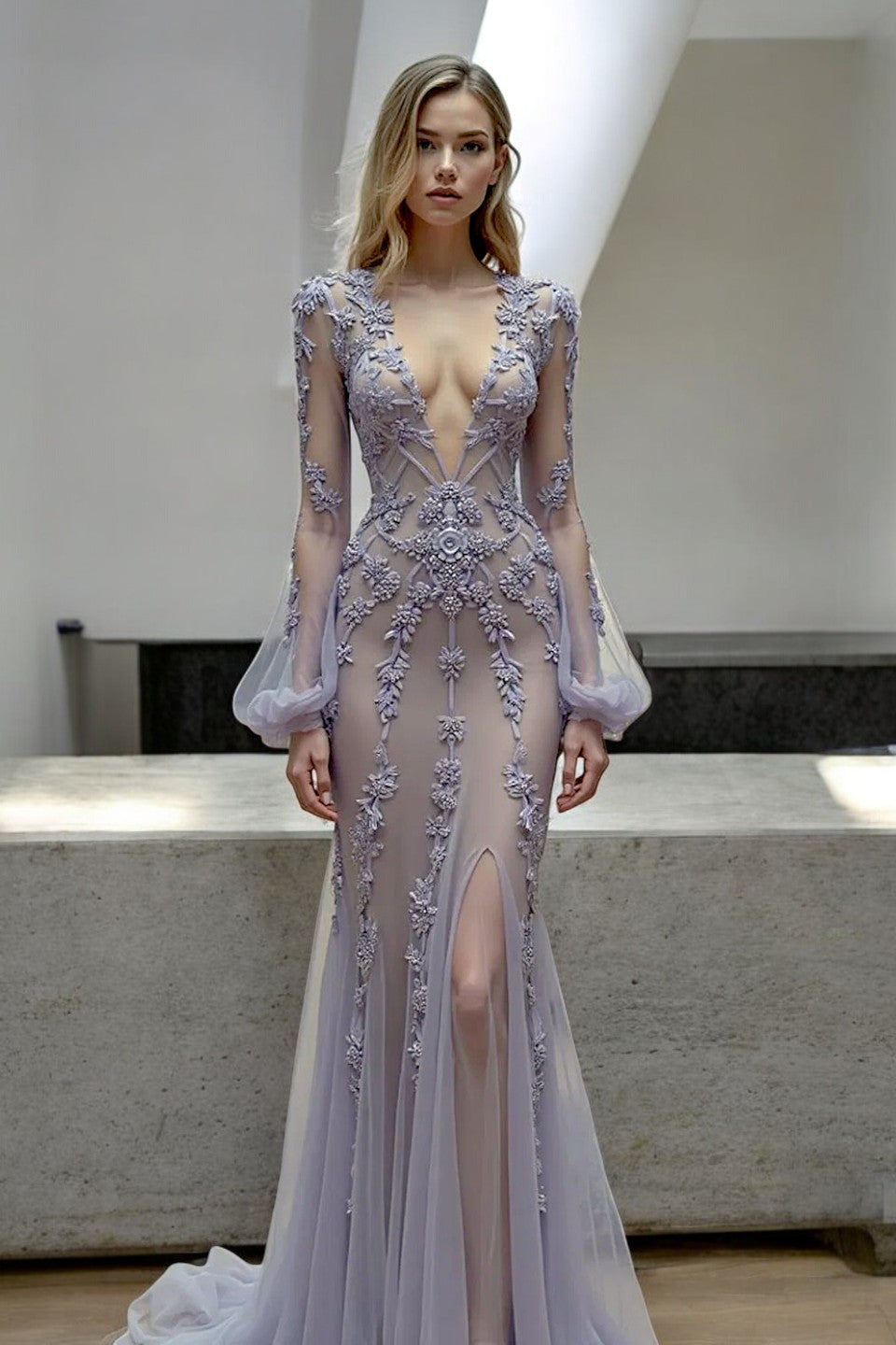 Illusion Bell Sleeve Gown