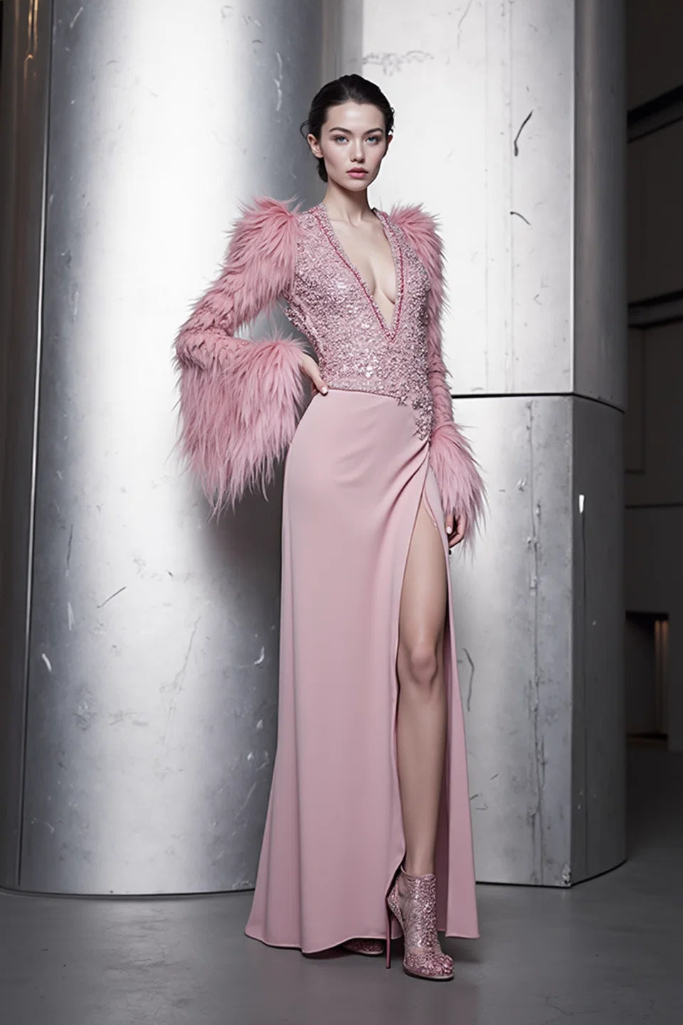 Feathered Plunging Gown