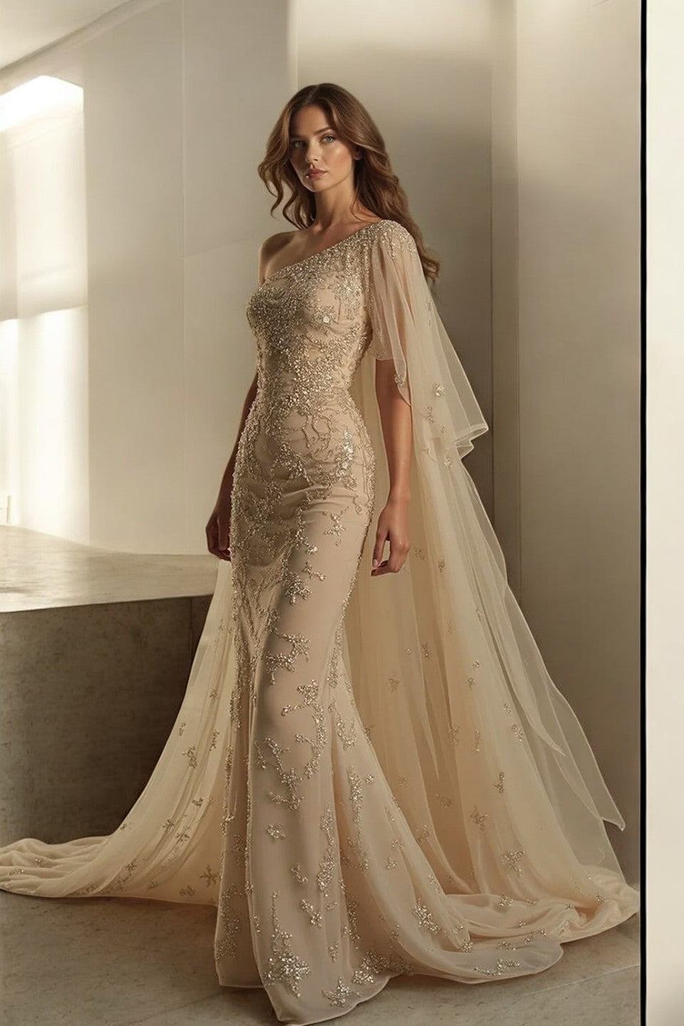 Draping Illusion Cape Gown