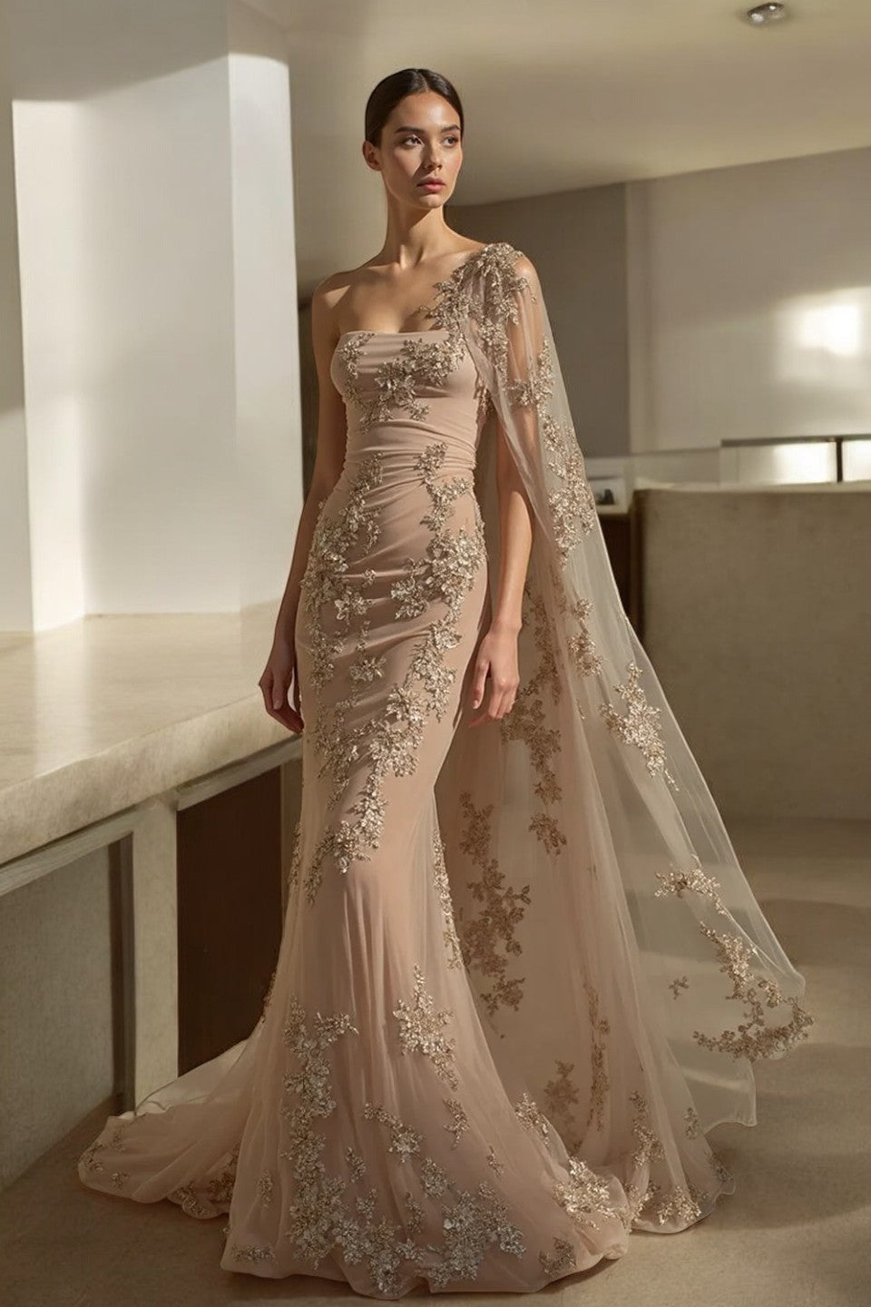Single Shoulder Illusion Cape Gown