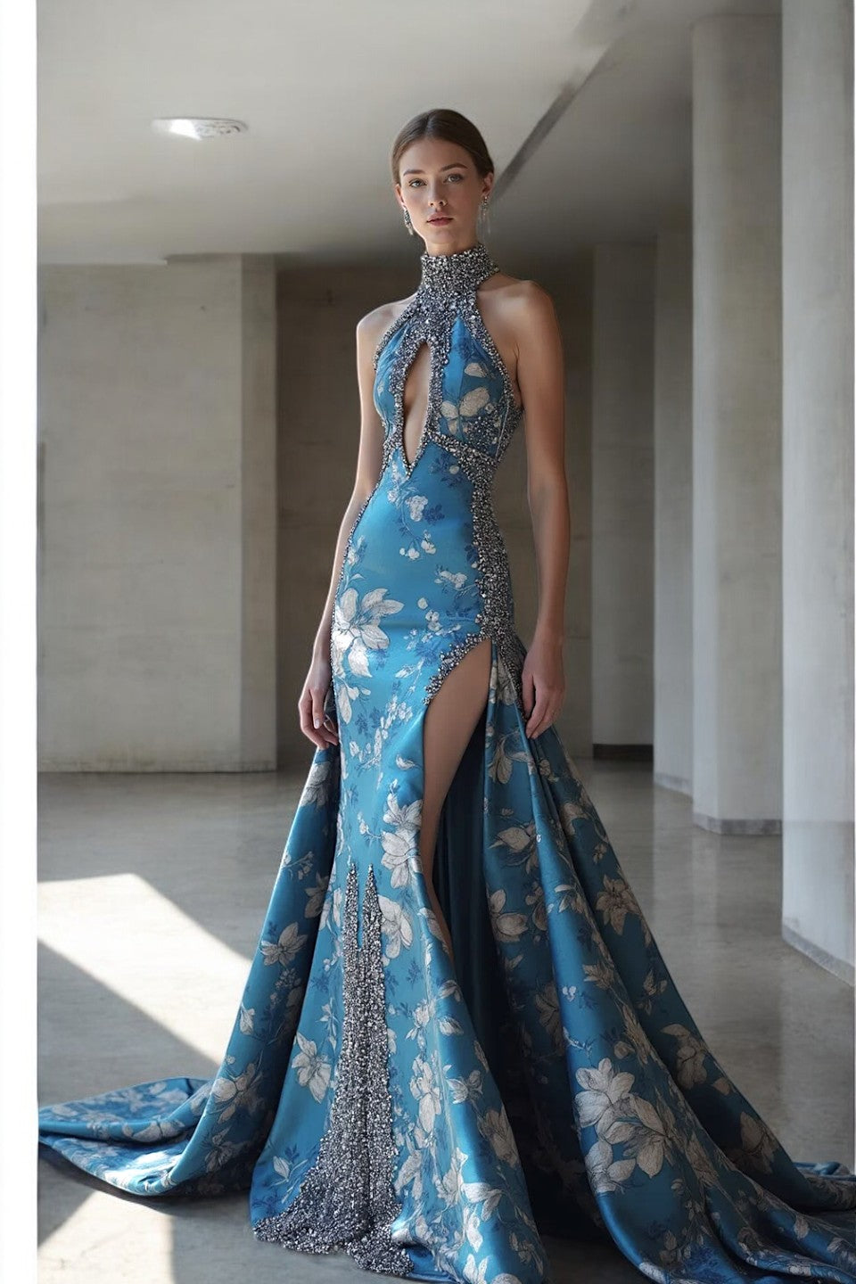 Turtleneck Floral Key-Hole Gown