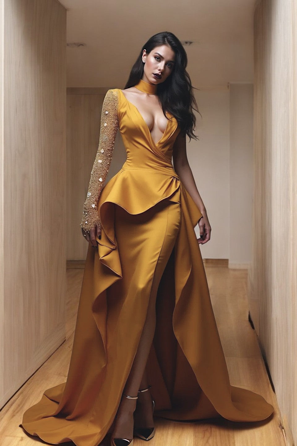 High Neck Plunging-V Gown