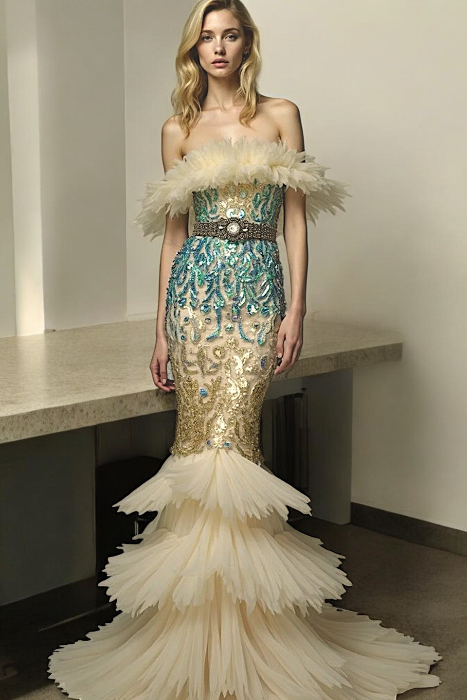 Tiered Ruffle Banded Gown