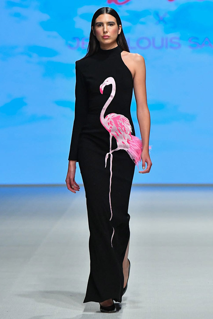 Crepe Gown with Embroidered Flamingo