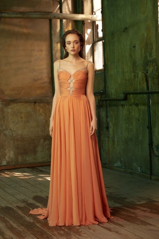 Draped Tulle Cutout Gown