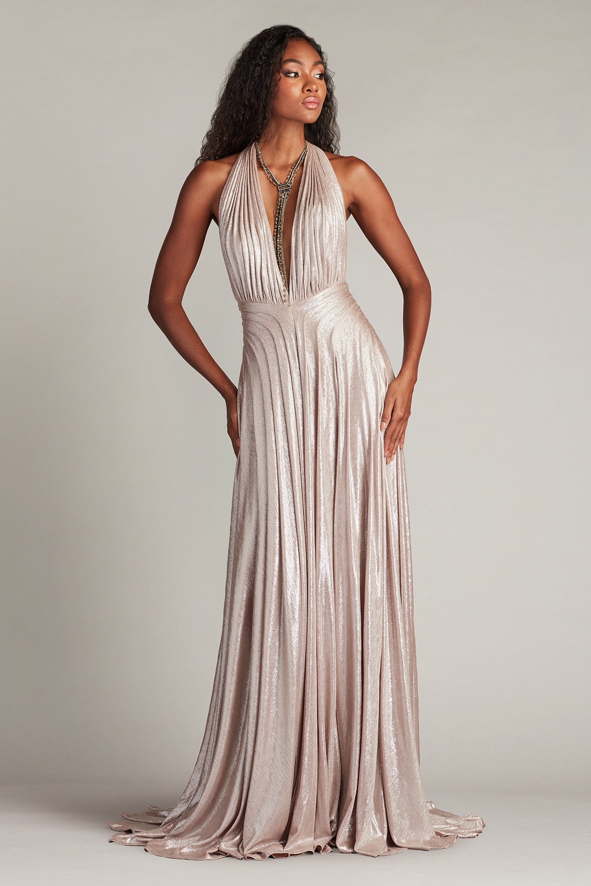 Pleated Plunging Halter Neck Gown