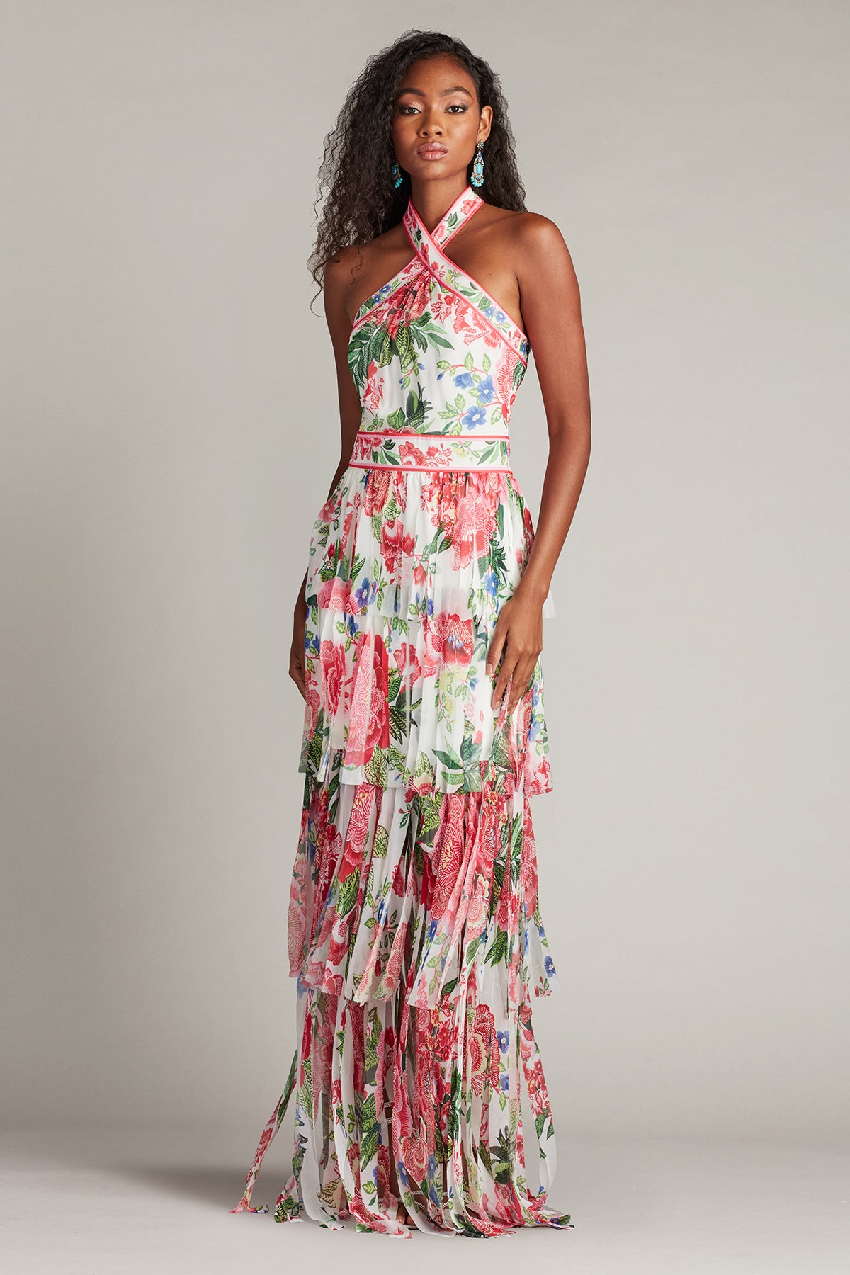 Tiered Floral Halter Neck Gown