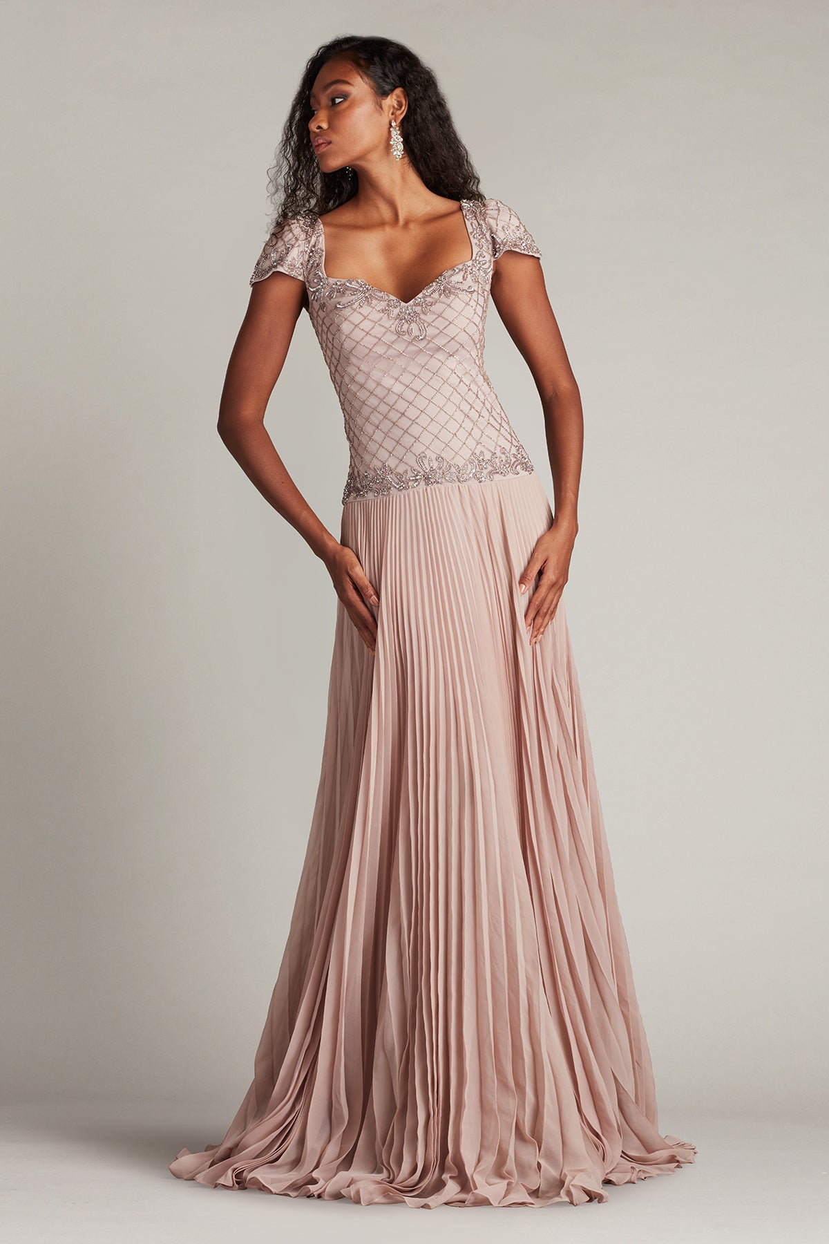A-Line Pleated Gown with Embellished Bodice