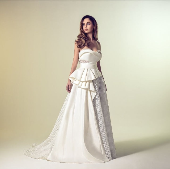 Strapless Satin & Lace Filet Evening Gown