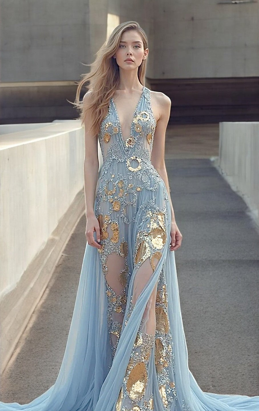 Plunging-Neck Embellished Gown