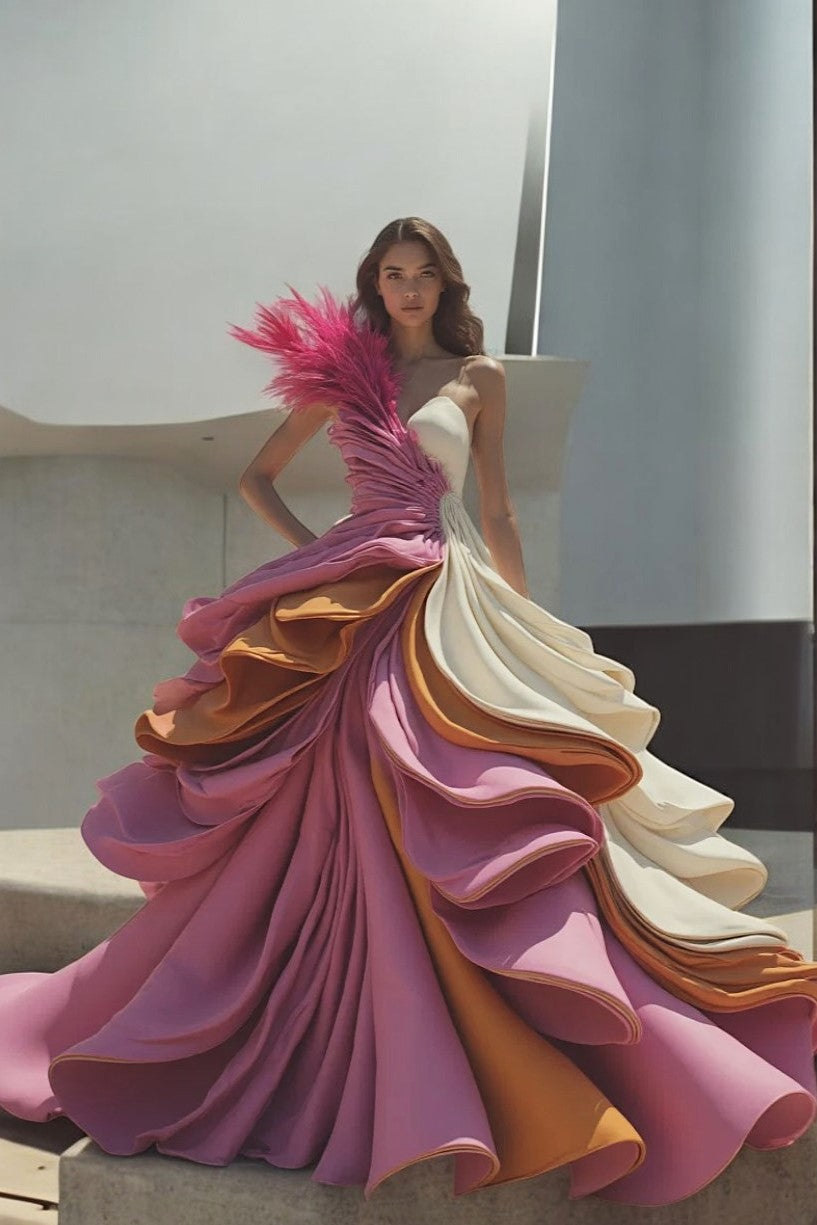 Feathered Shoulder Layered Gown
