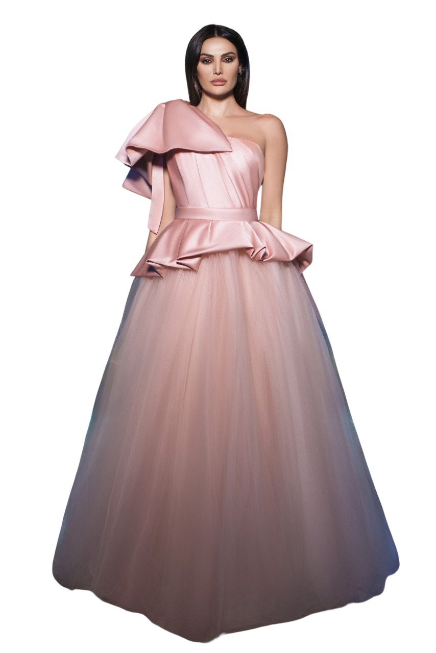 Dramatic Shoulder Satin & Tulle Gown
