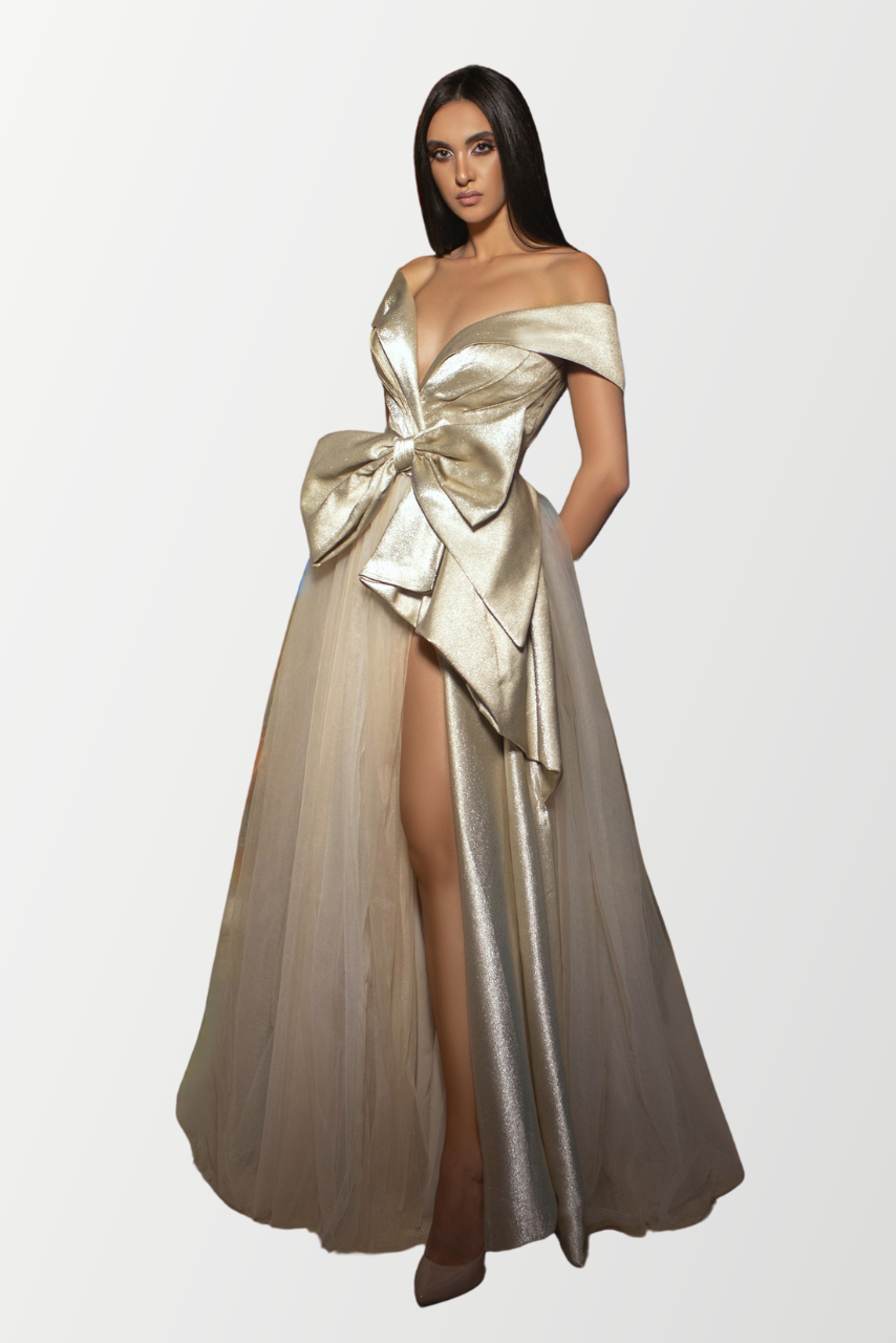 Off-Shoulder Satin & Chiffon Gown