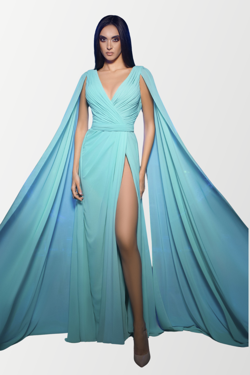 V-Neck Draped Shoulders Gown