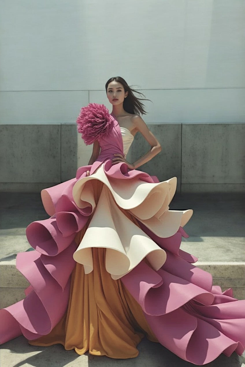 Ruffled Shoulder Cascading Gown