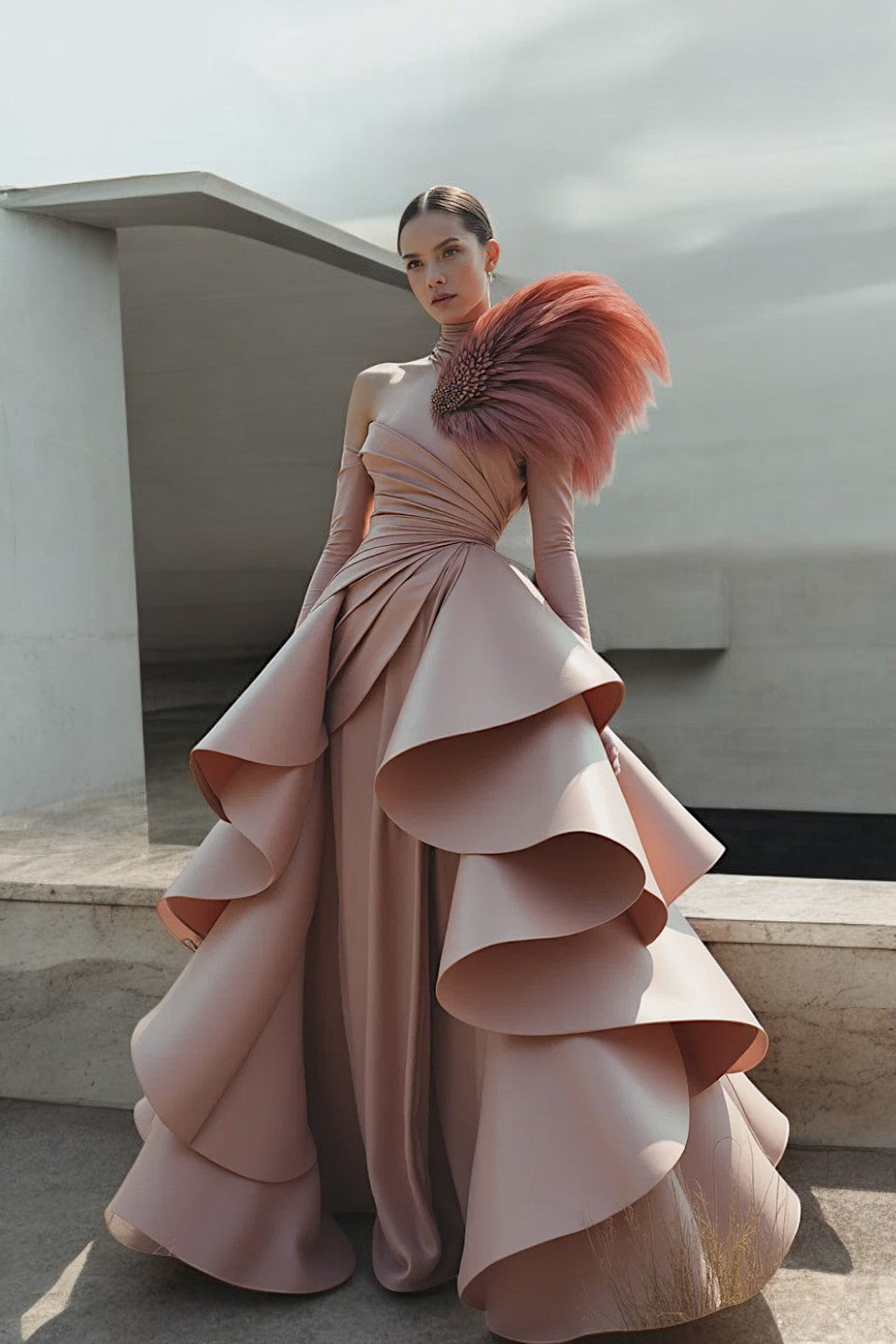 Ruffled Overskirt Sleeved Gown