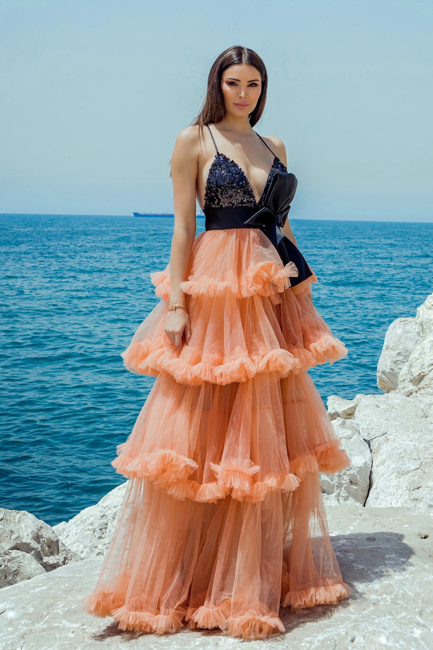 Tiered Ruffled Tulle Gown