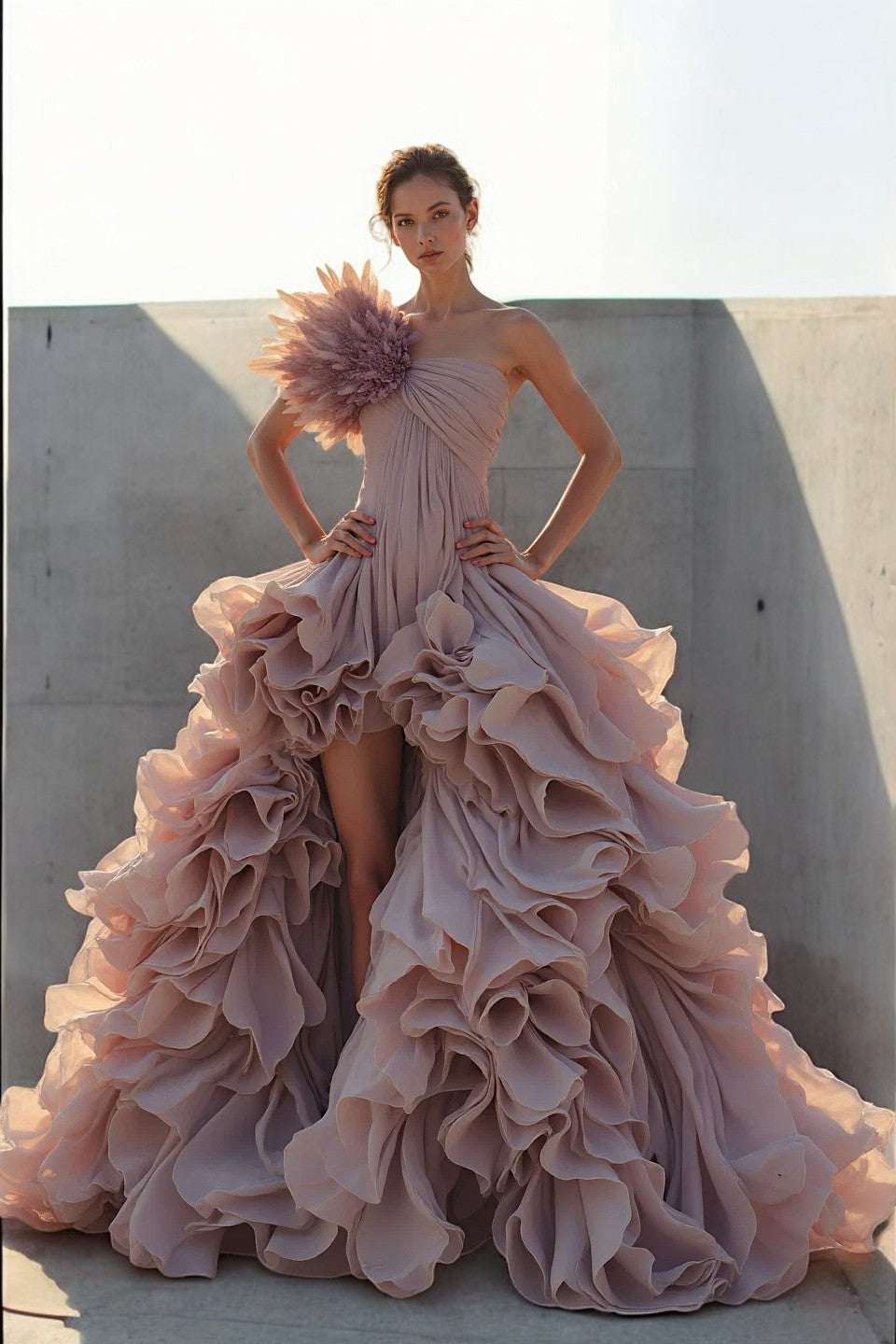 Feathered One Shoulder High-Low Gown
