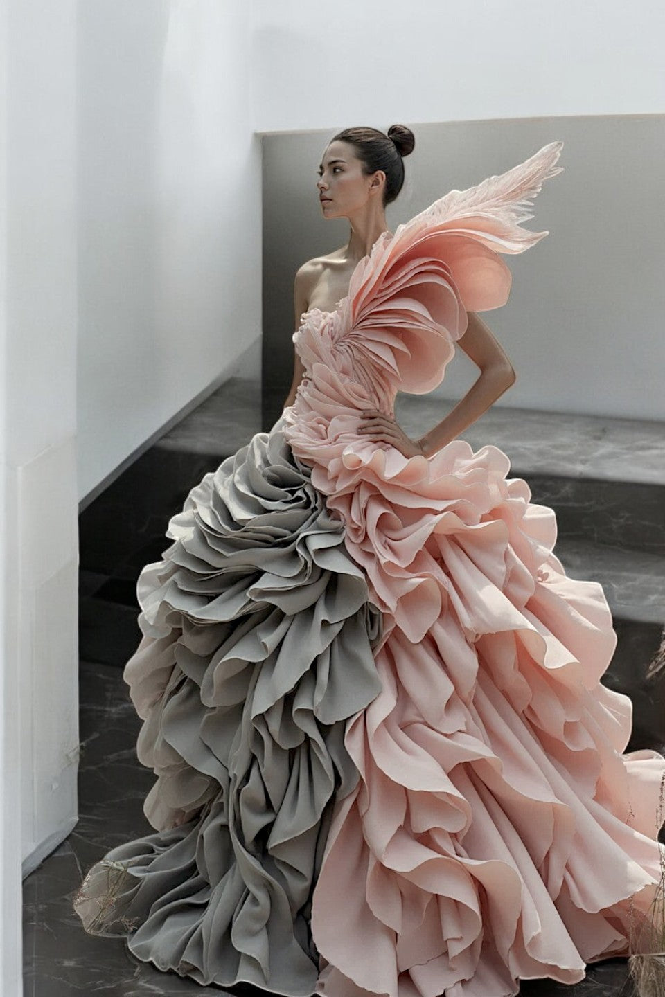 Feathered One-Shoulder Ruffled Gown