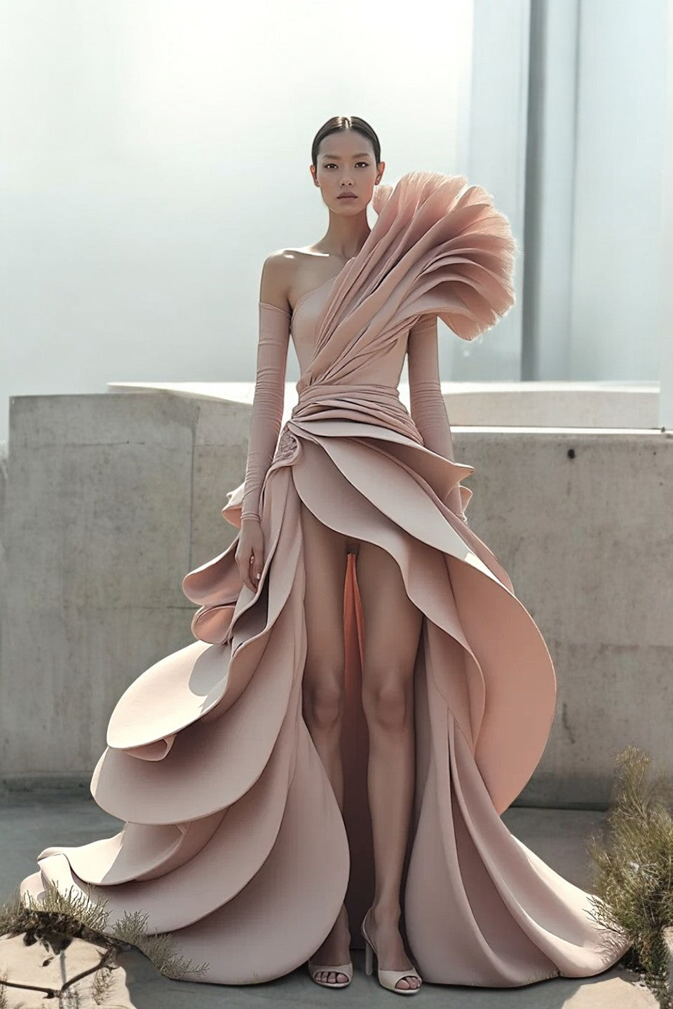 Oversized Ruffled One-Shoulder Gown