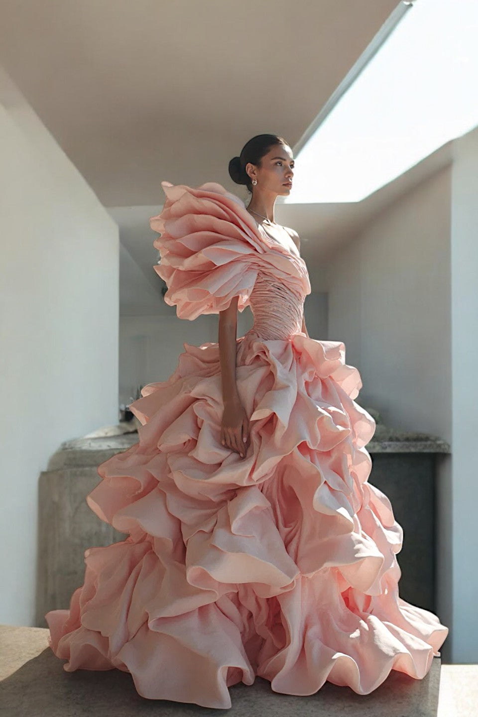 Layered One Shoulder Gown