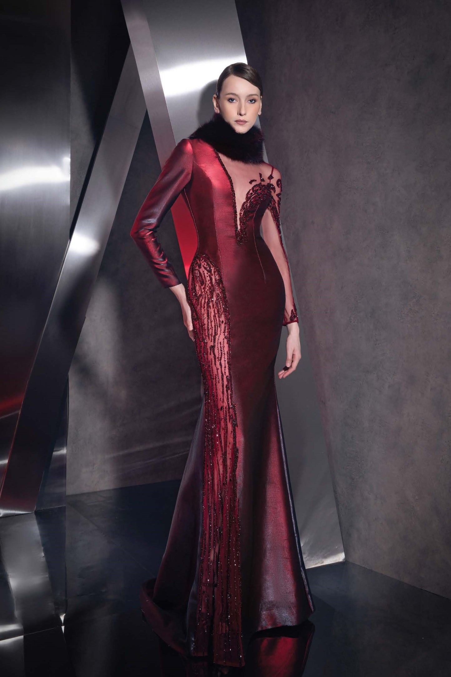 Long Sleeved Illusion Neck Gown