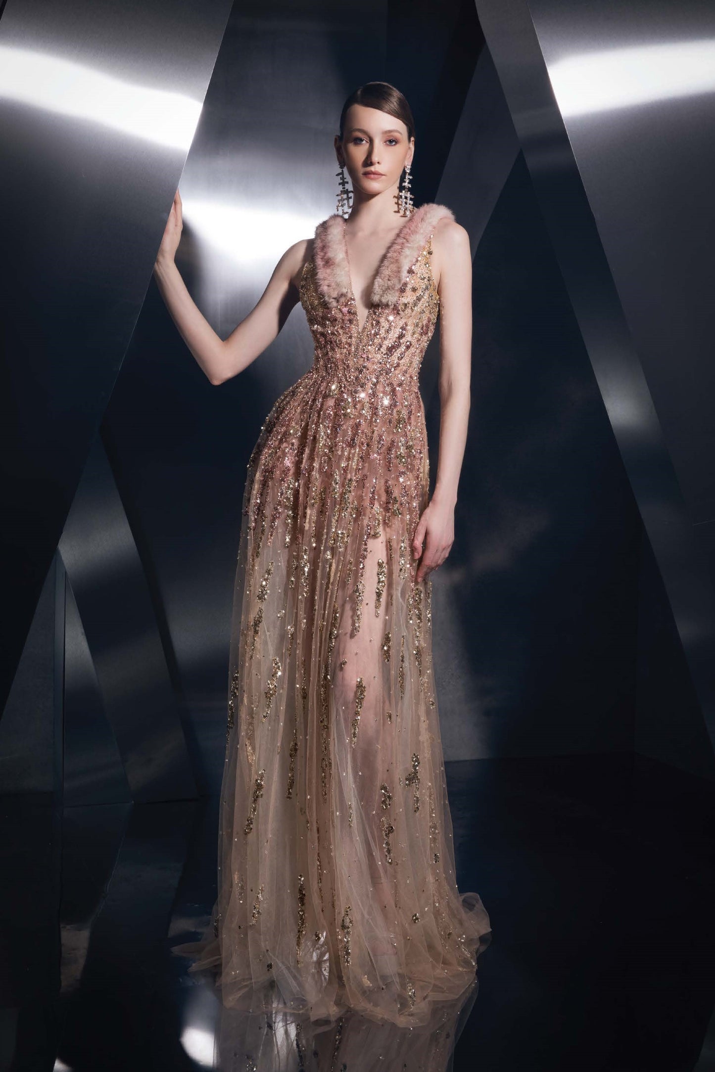 Embellished Fur Strap Gown