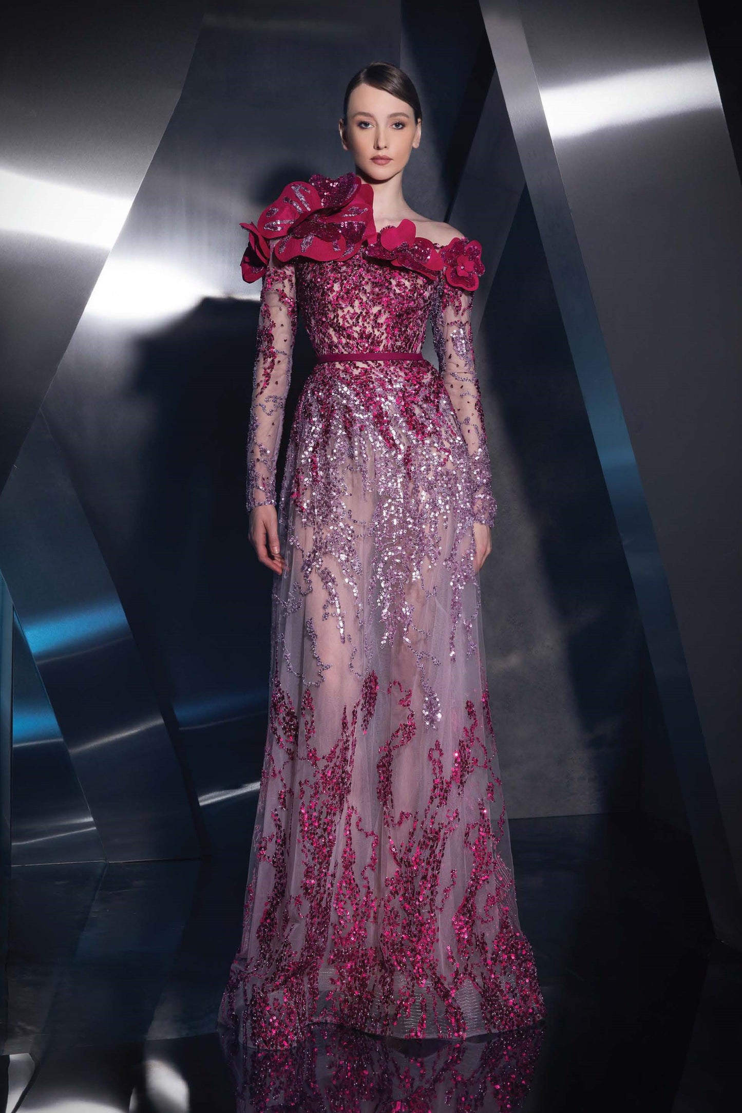 Long-Sleeve Floral Neck Gown