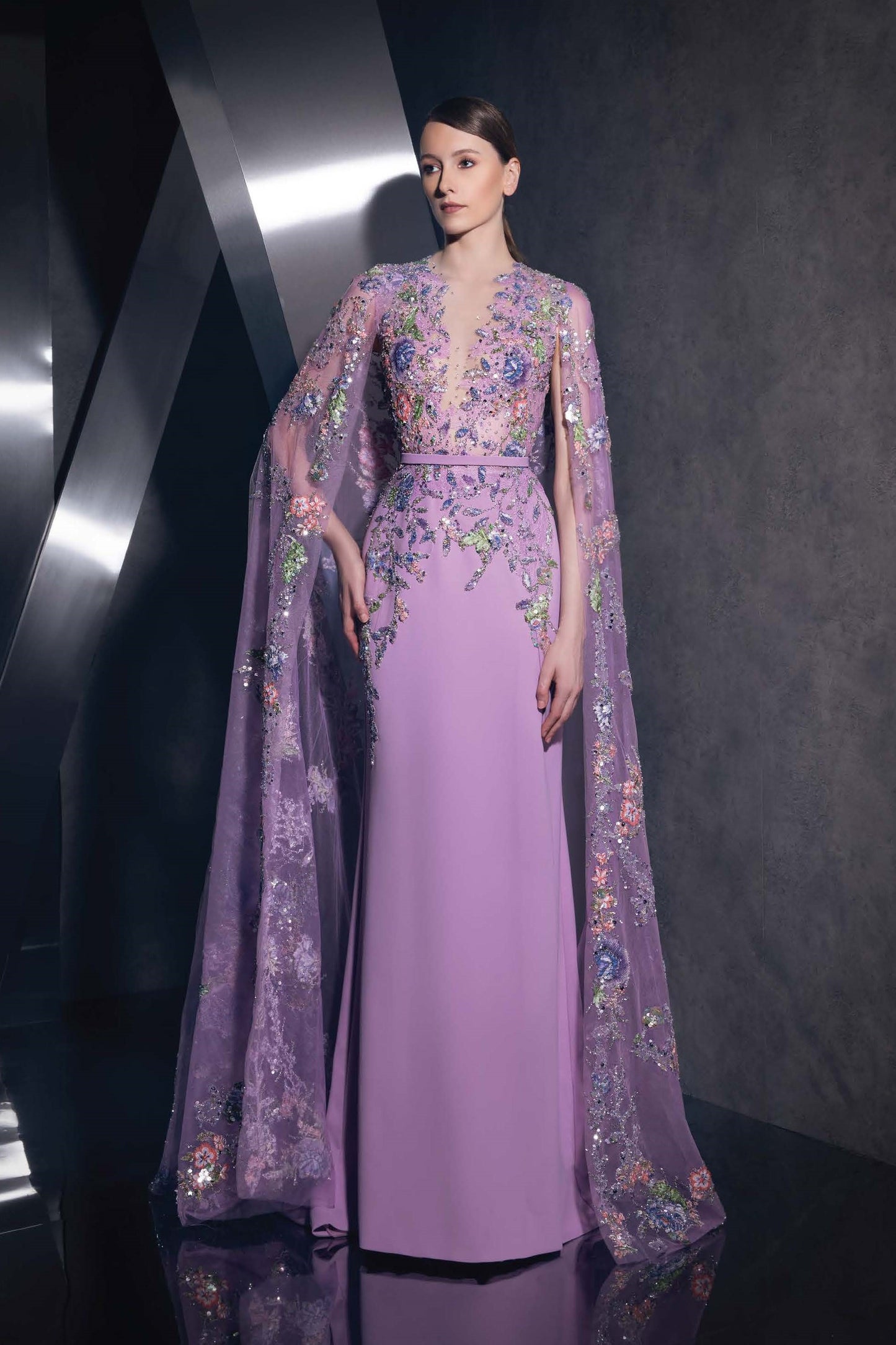 Sheer Cape-Sleeve Gown