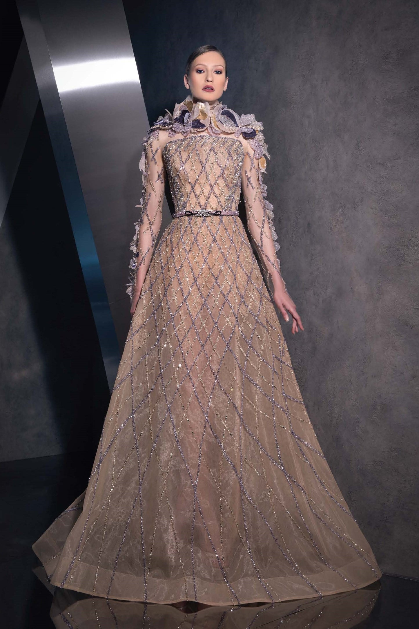 Floral Neck Illusion Gown