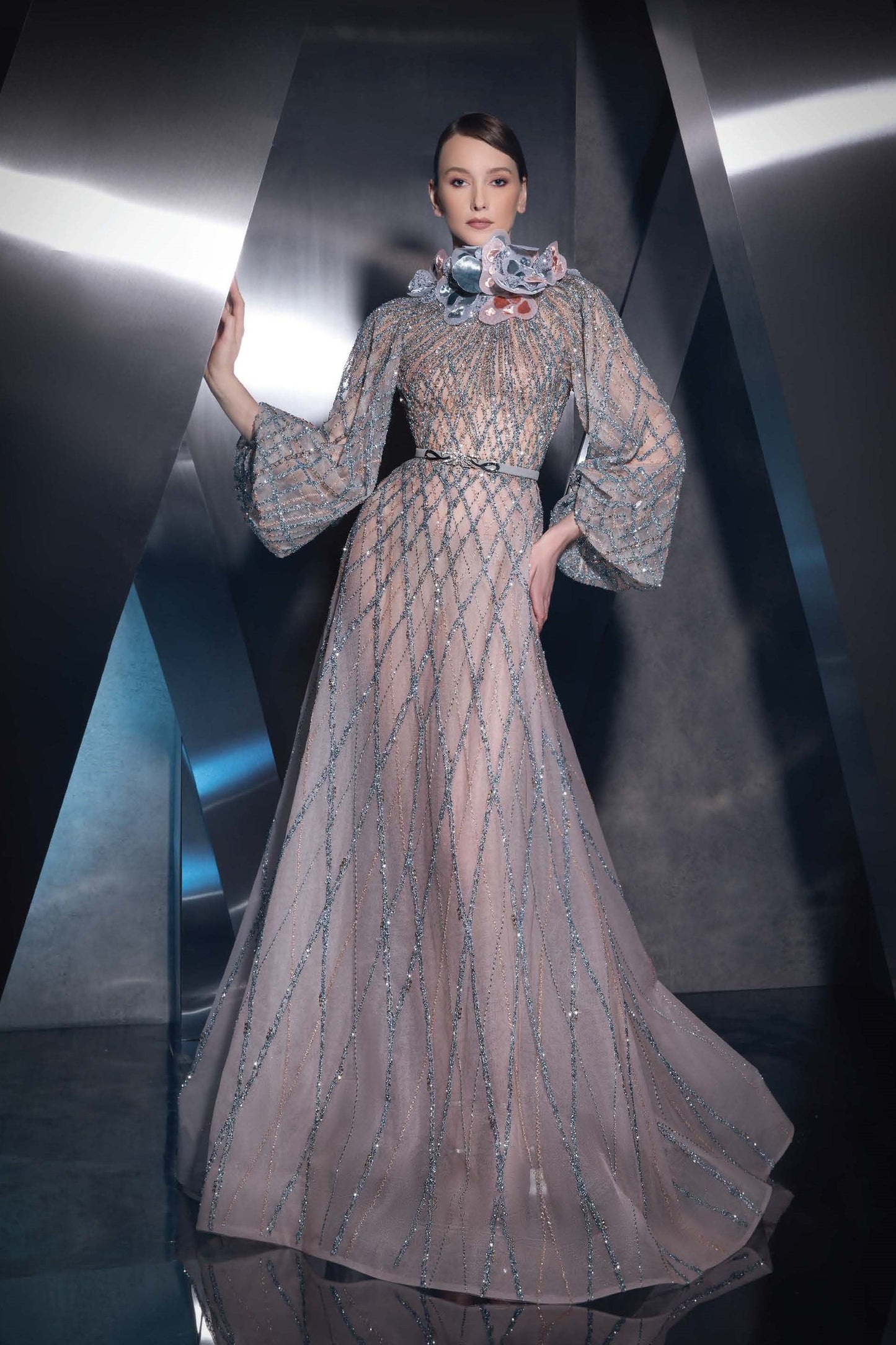 Embellished Neck Sleeved Gown