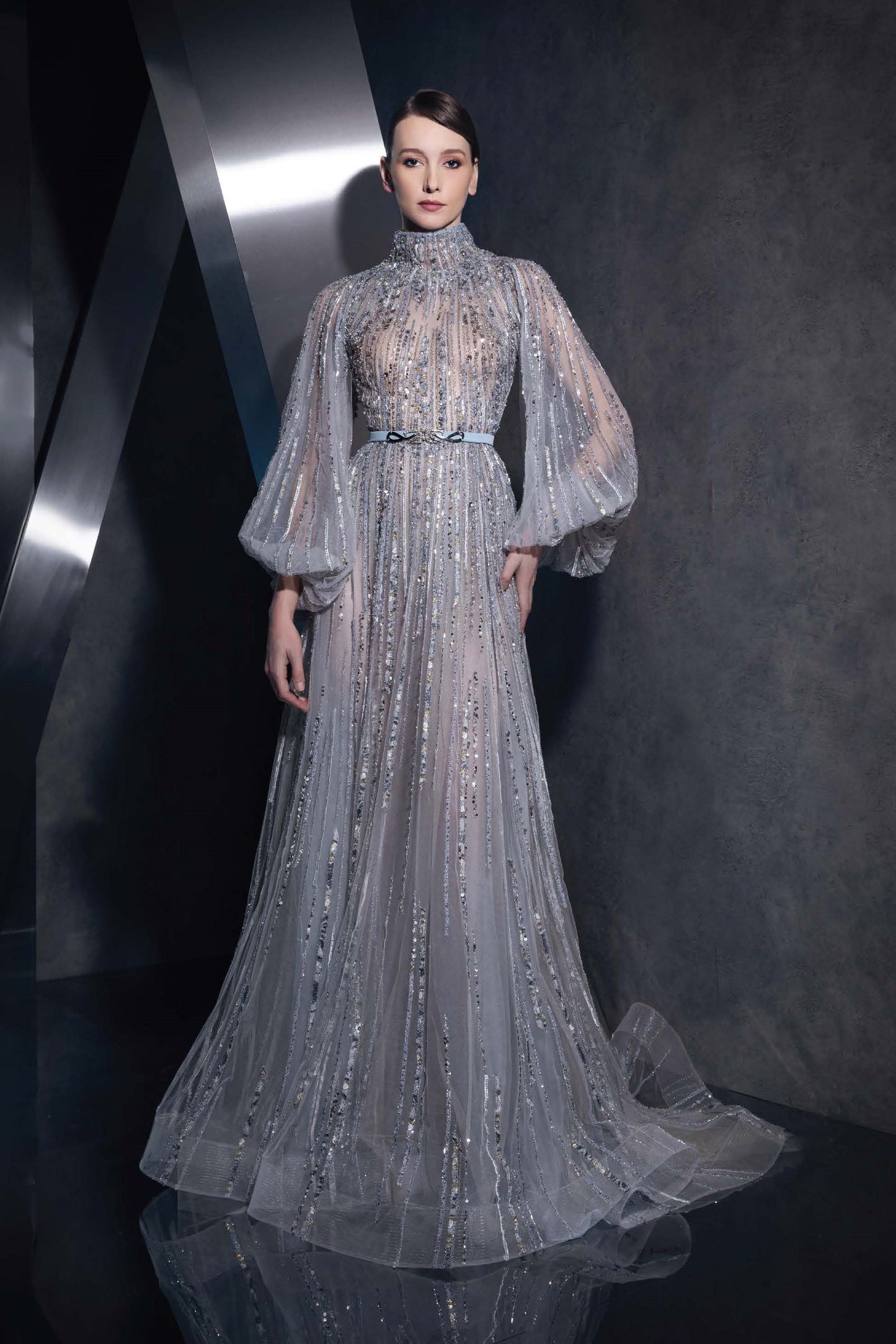 Puffy Sleeve High Neck Gown