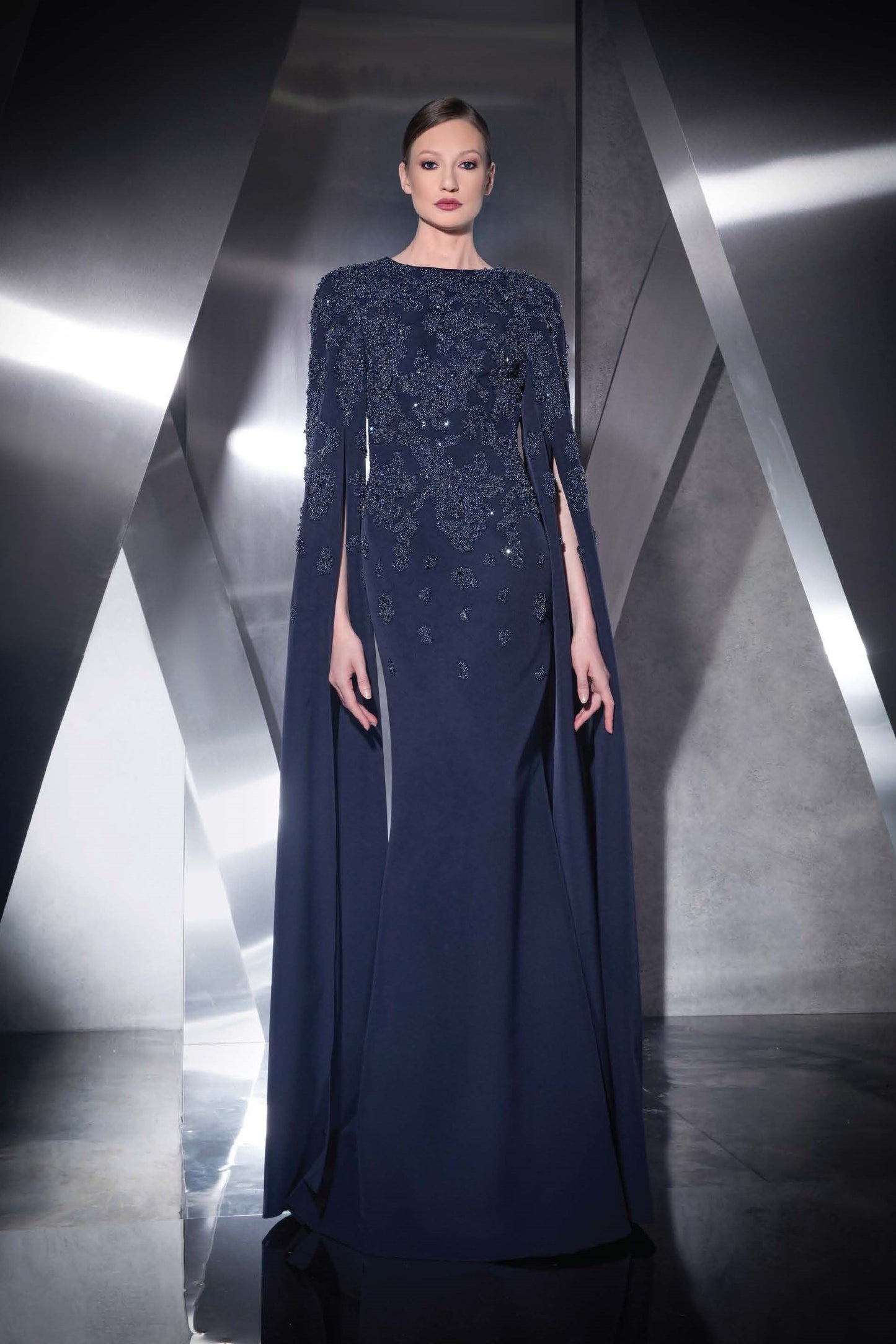 Jewel Neck Cape Sleeve Gown