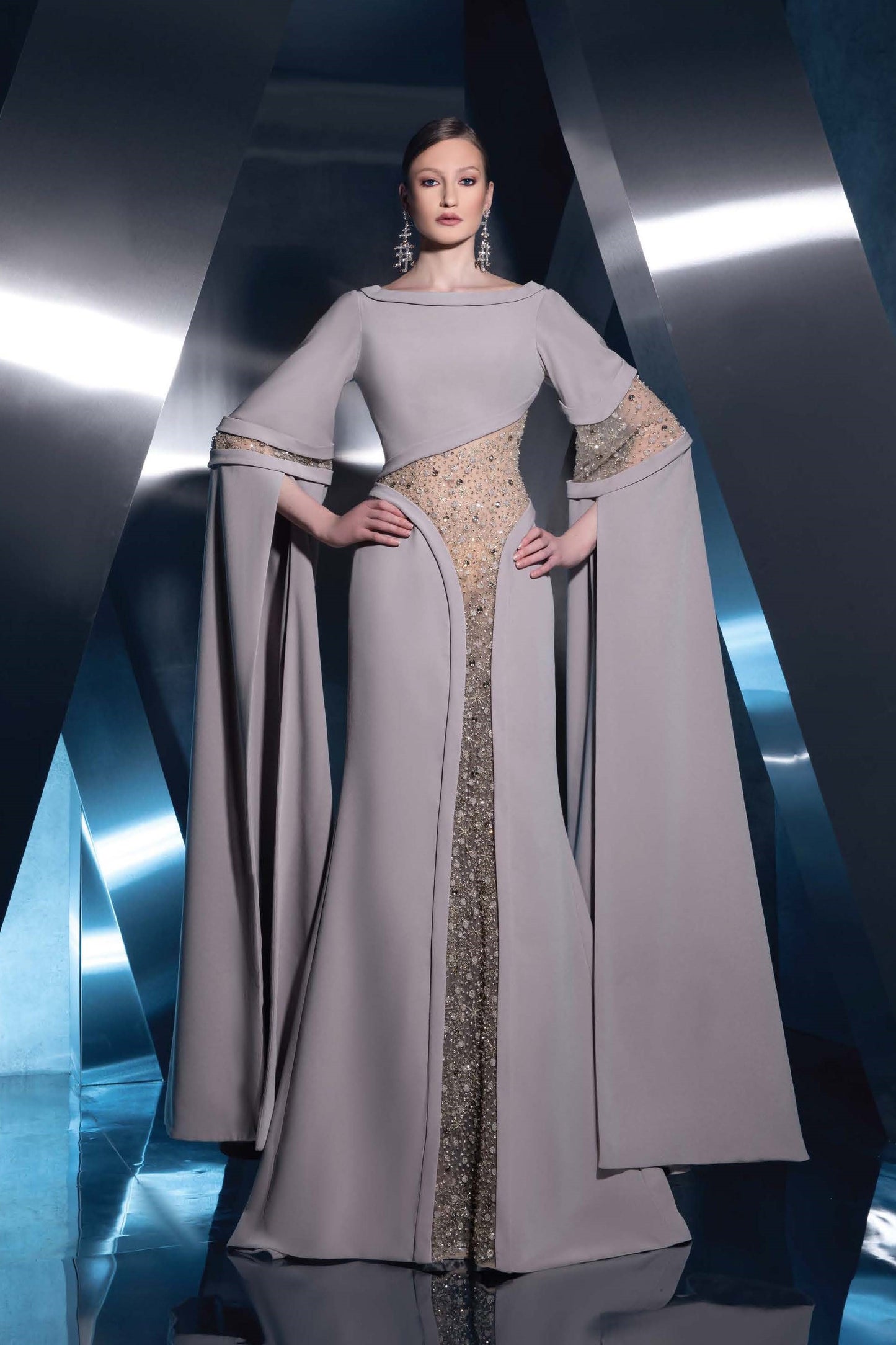 Sleeved Boat Neck Gown