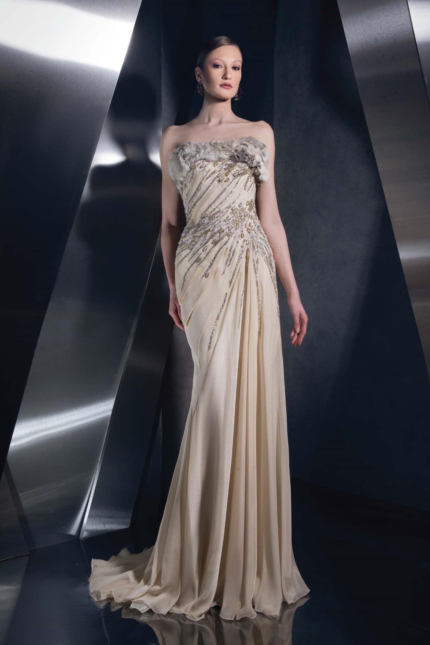 Fur Cuffed Strapless Gown