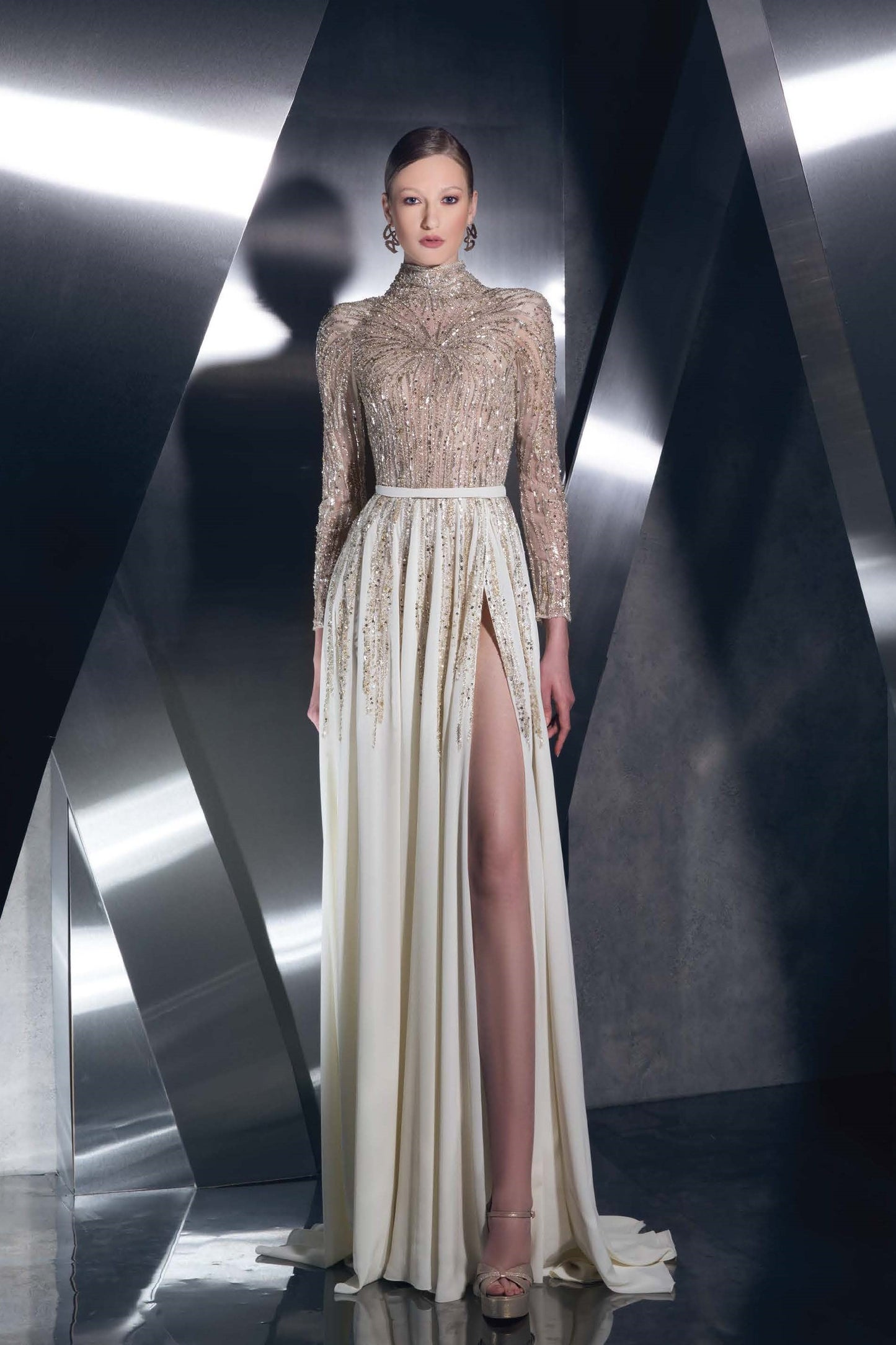 Sleeved Pleated Slit Gown