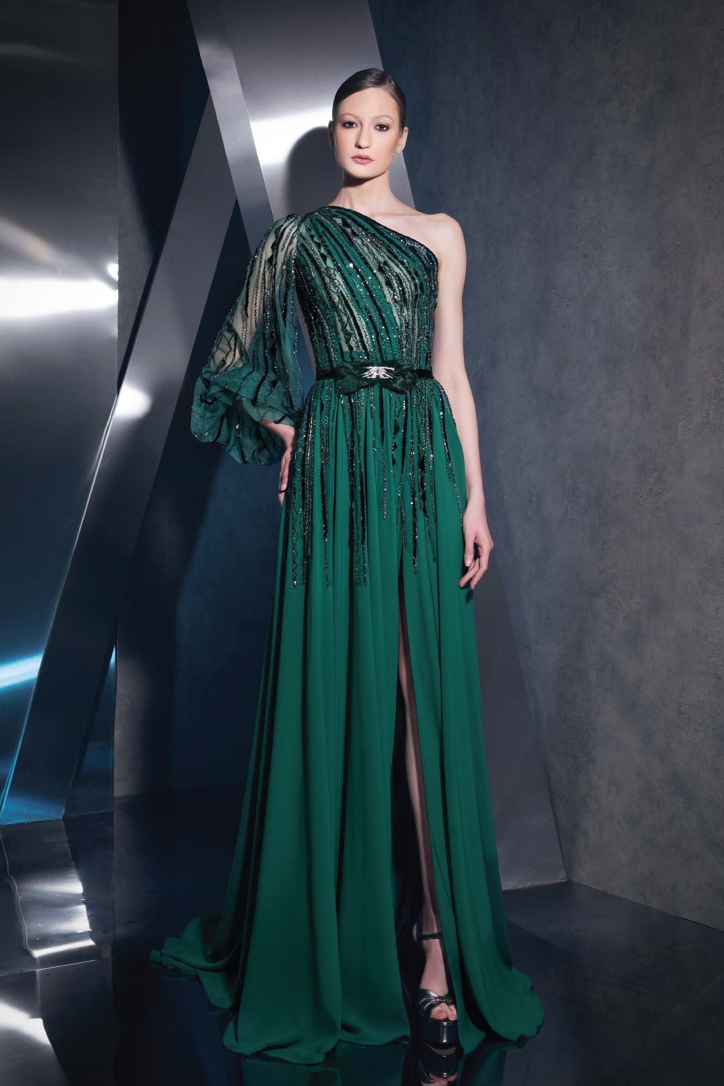 One-Shoulder High Slit Gown