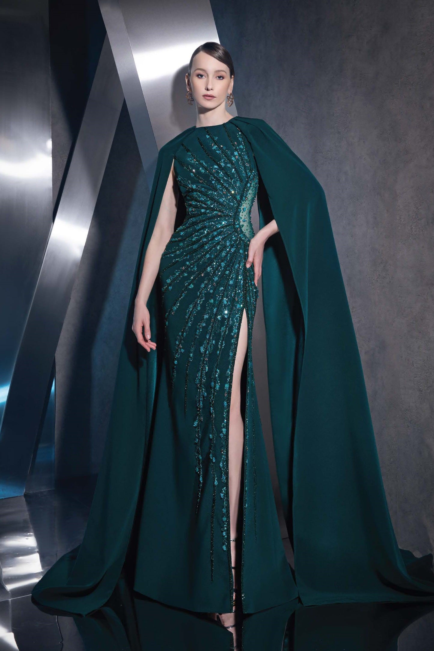 Embellished Cape Sleeved Gown