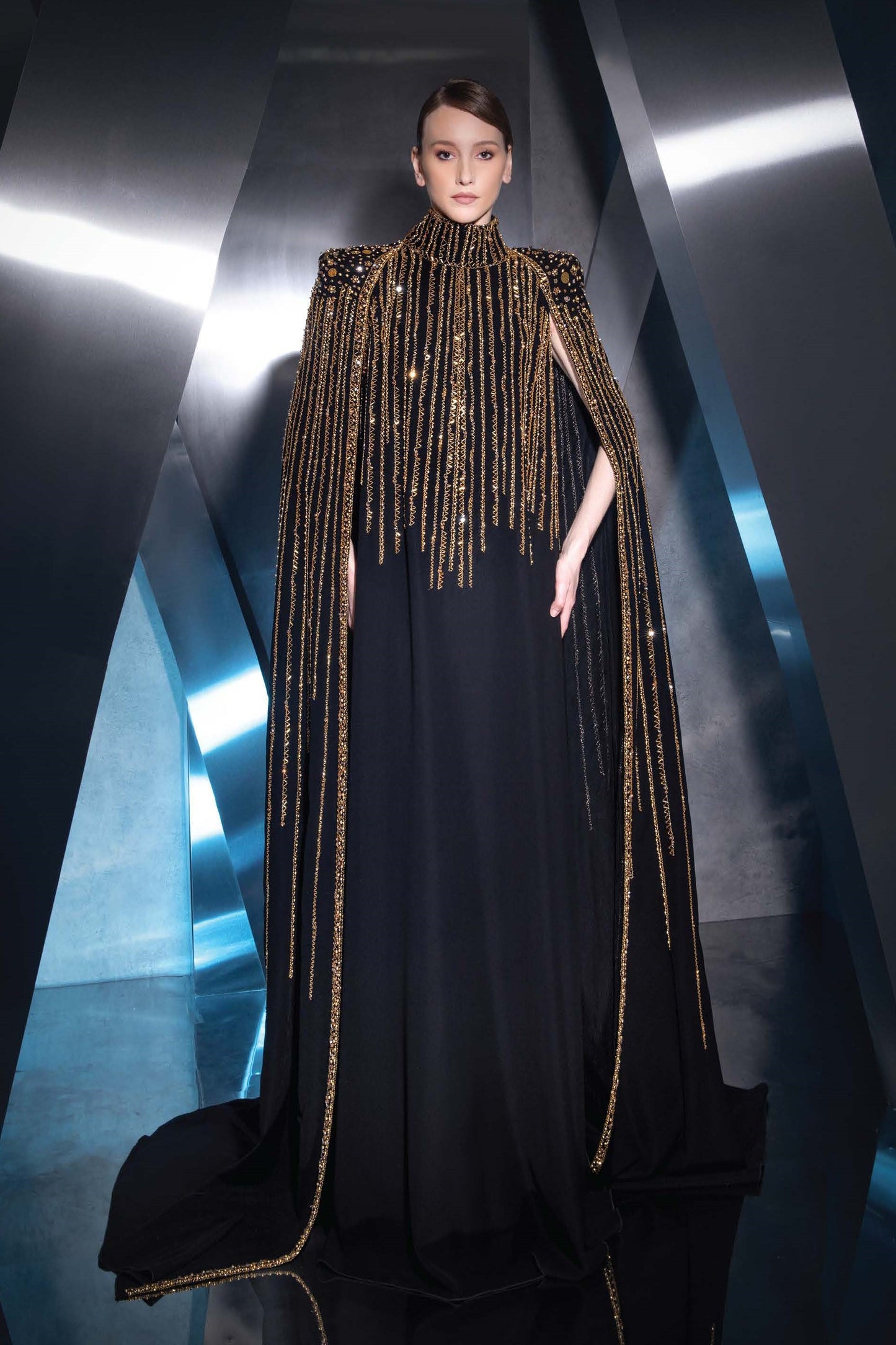 Structured Shoulder High Neck Gown