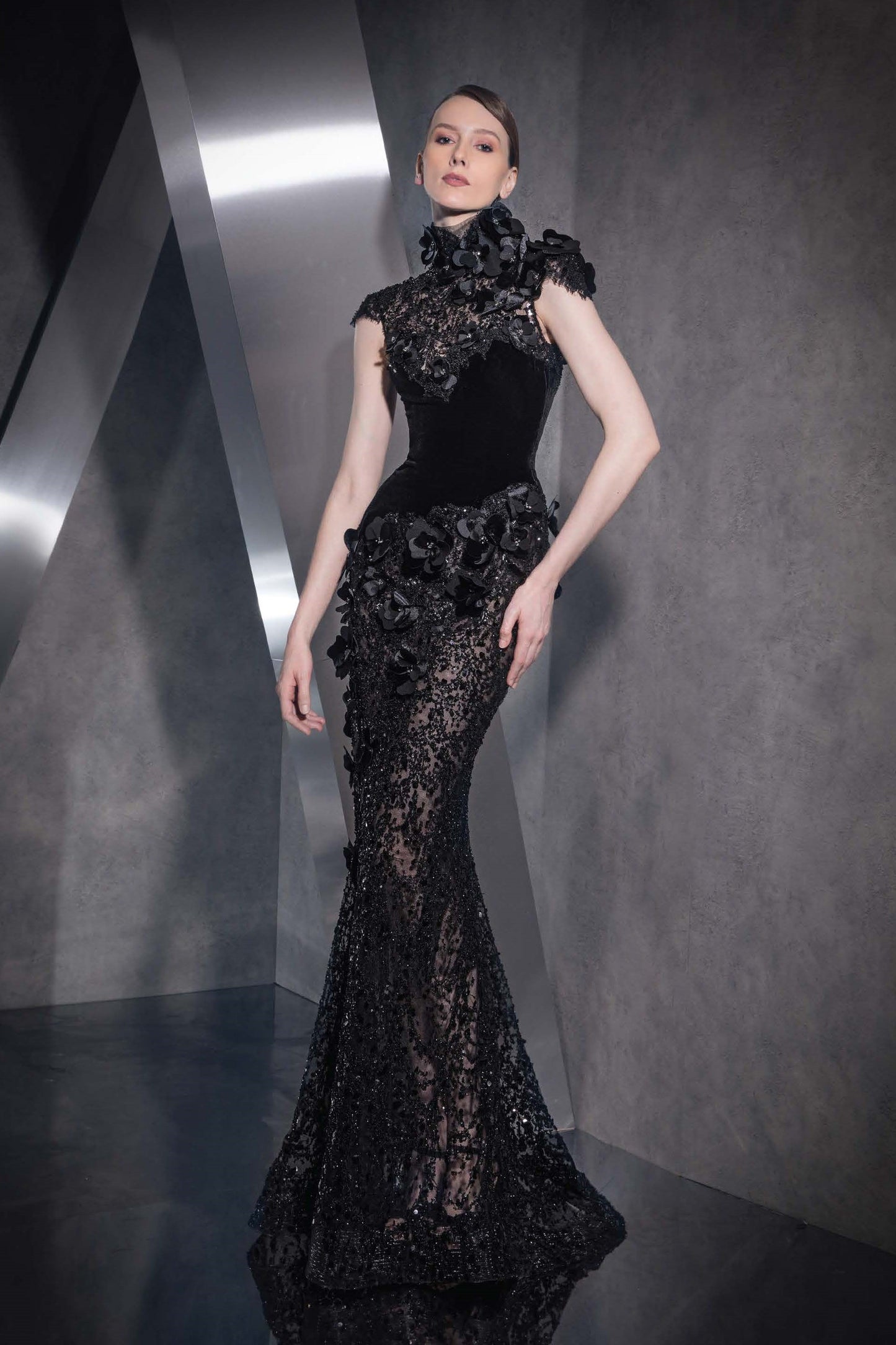 Floral Embellished Sleeved Gown