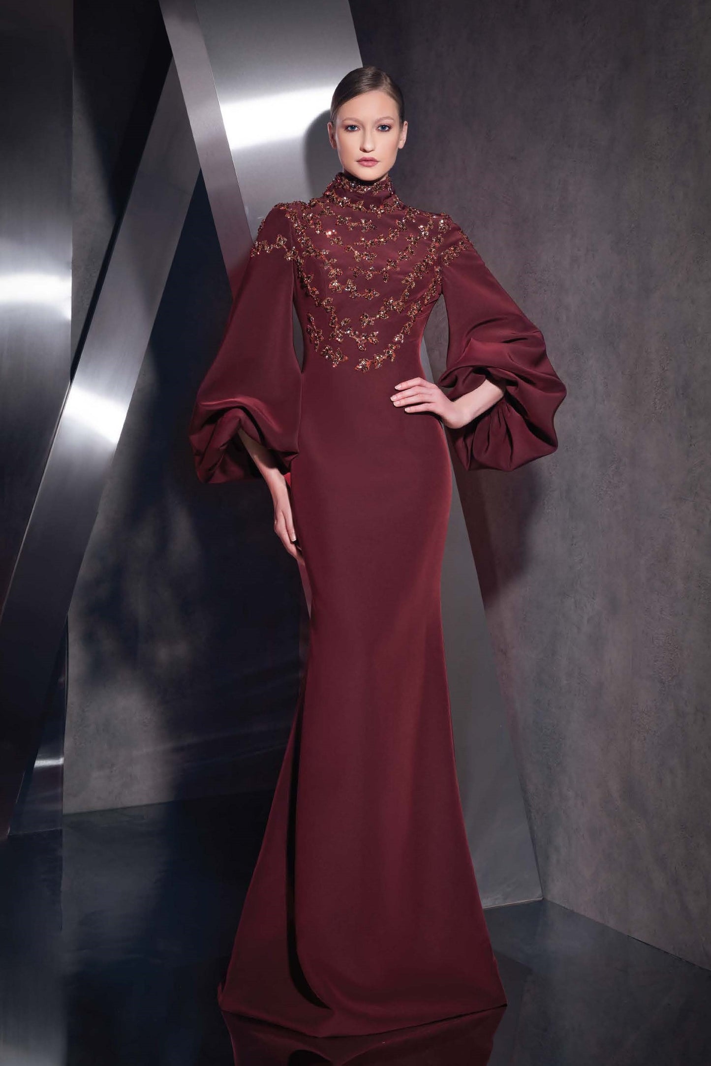 High Neck Puffy Sleeve Gown