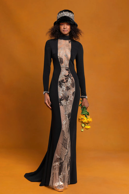 Long Sleeve High Neck Embroidered Gown
