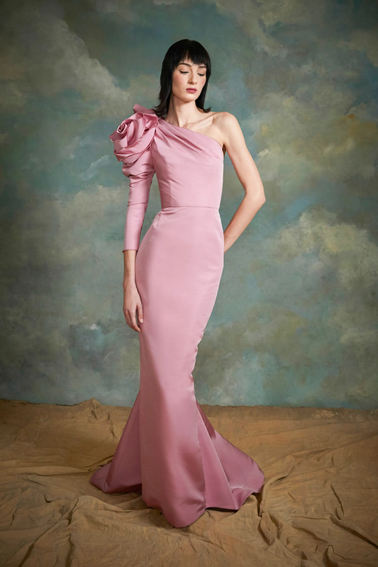 Draped 3D Floral Long Sleeve Gown