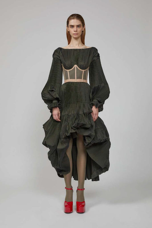 Sunray Pleated Tiered Midi Dress