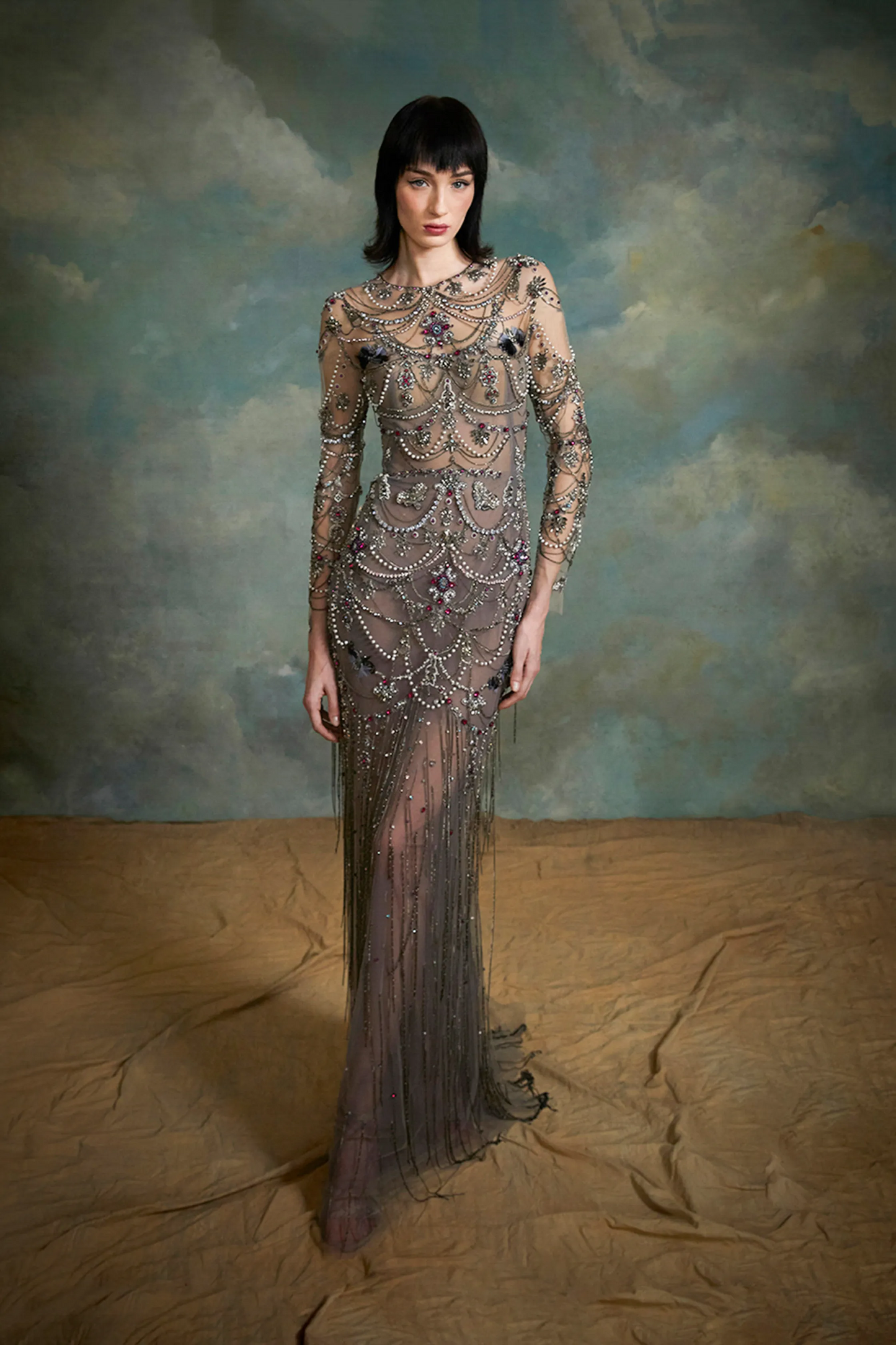 Embroidered Long Sleeve Gown